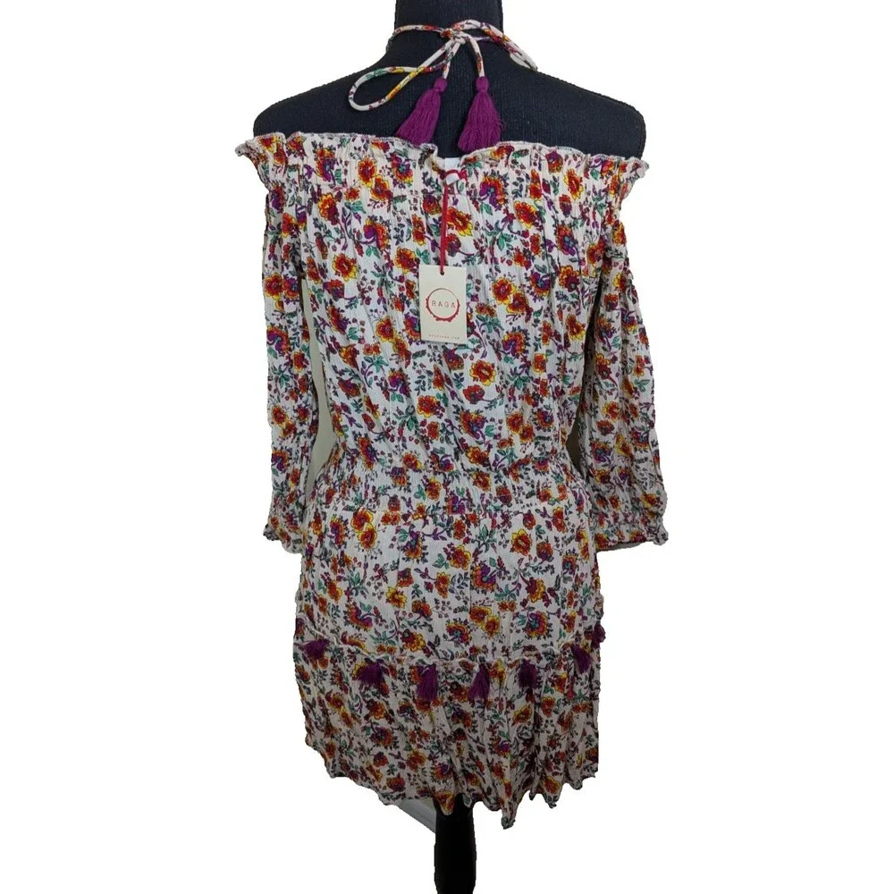 Raga Mini Tunic Dress Floral Tassel Shirred Bohemian Off Shoulder Size Small - Picture 2 of 11